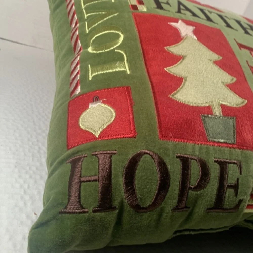 Embroidered 13 “ Green Velvet Christmas Pillow With Well Wishes